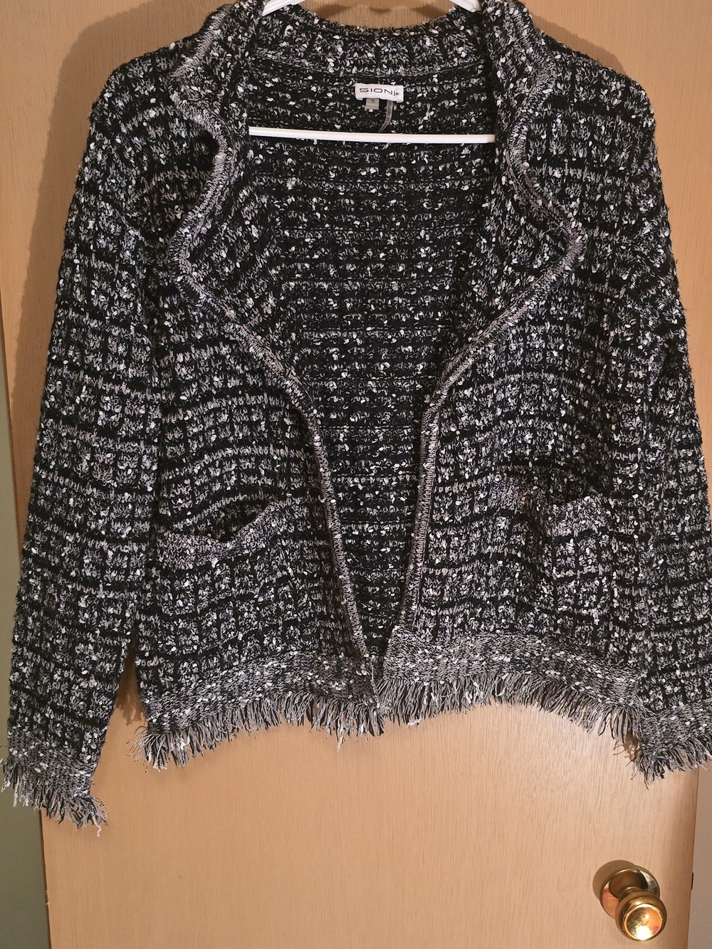 Sioni Black & White BouclƩ Fringe Open-Front CHANEL-style Cropped Blazer
